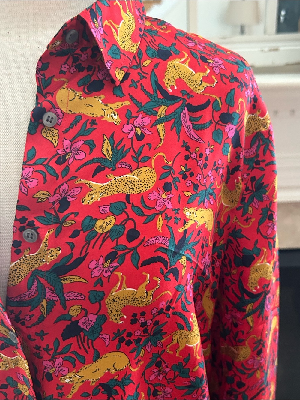 J. Crew Red Multicolor Jungle Cat Floral Silk-Twill Shirt - Picture 4 of 11